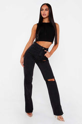 High Waist Straight Slimming Cool Black Denim Trousers Mop Hem Split Smooth Micro-Flared Pants